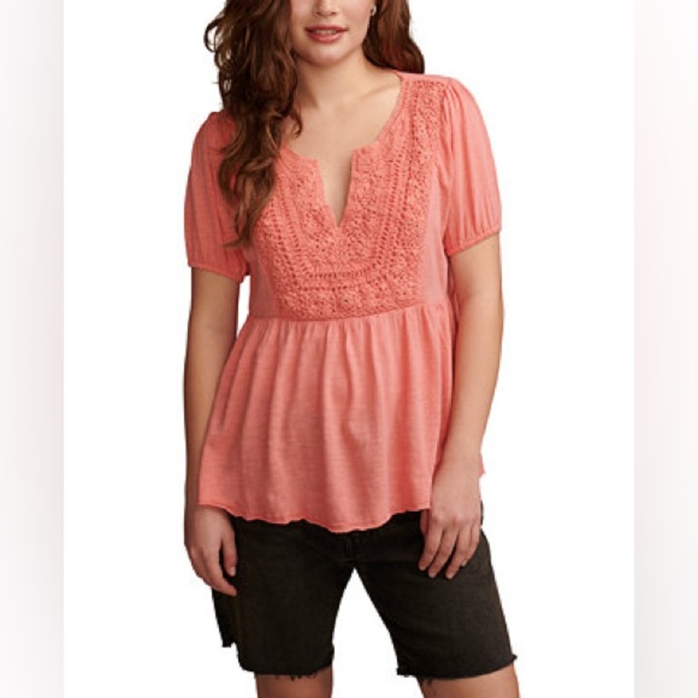 Lucky Brand Crochet-Yoke Short-Sleeve Babydoll Top size XL NWT